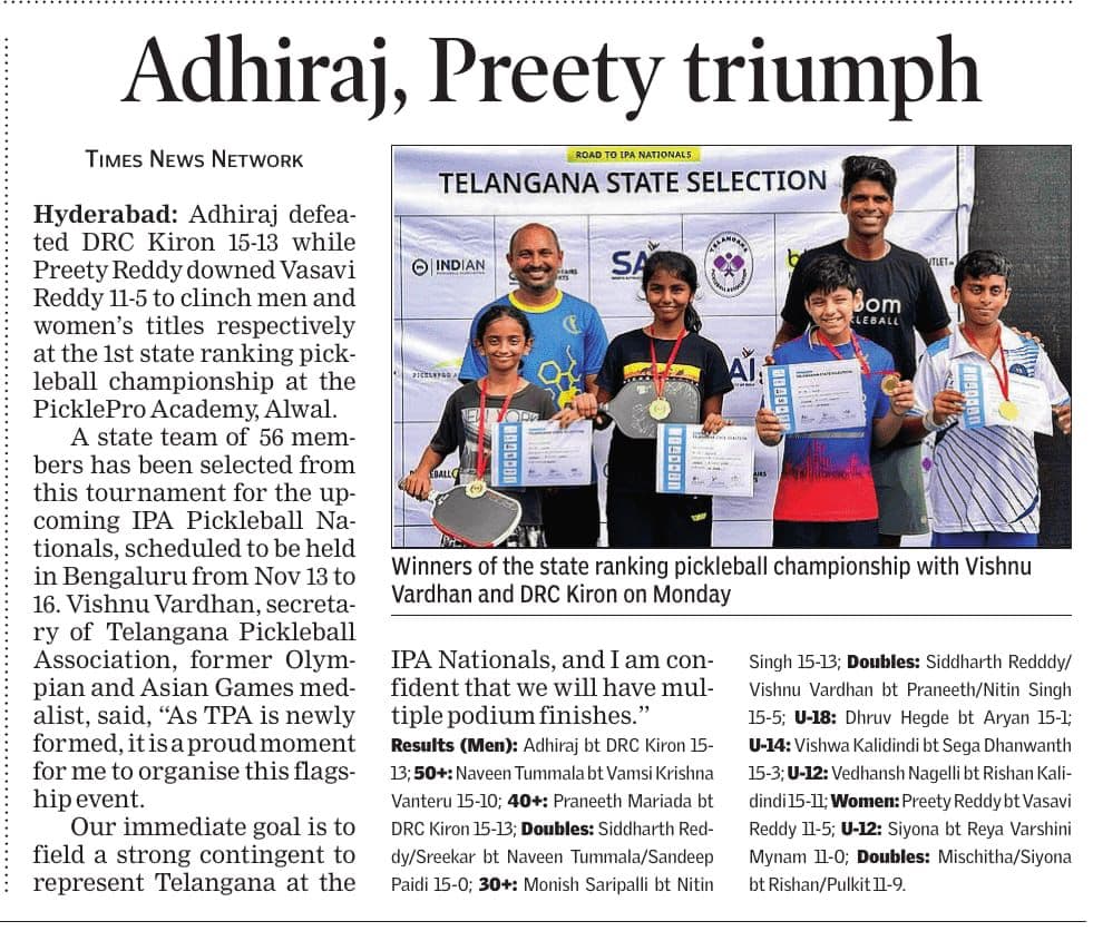 Newspaper clipping about Telangana Pickleball Association.