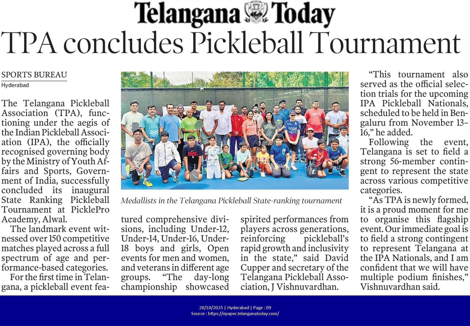 Newspaper clipping about Telangana Pickleball Association.